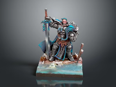 Game Movie Warrior Character In Blue Silver Armor Holding Long Sword On Water Effect Base 3d model