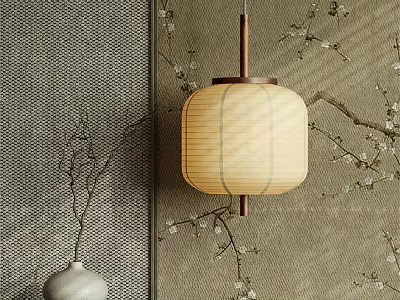 Traditional Chinese Lantern Chandelier with Plum Blossom Branches and Woven Wall Texture 3d model
