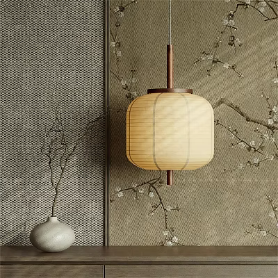 Traditional Chinese Lantern Chandelier with Plum Blossom Branches and Woven Wall Texture 3d model