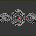 Sci Fi Metallic Cylindrical Devices With Orange Accents And Mechanical Parts