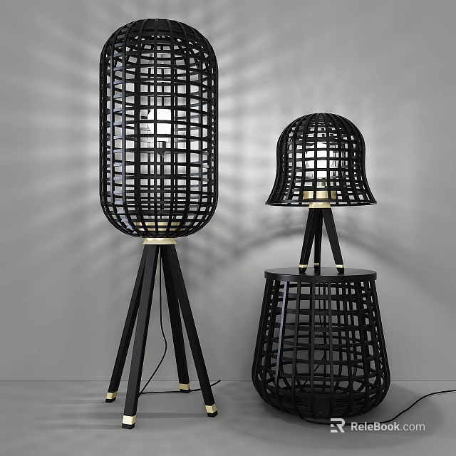 Modern Black Grid Lighting Combination With Tripod Floor And Table Lamps 3d model 