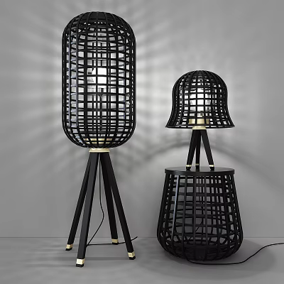 Modern Black Grid Lighting Combination With Tripod Floor And Table Lamps 3d model