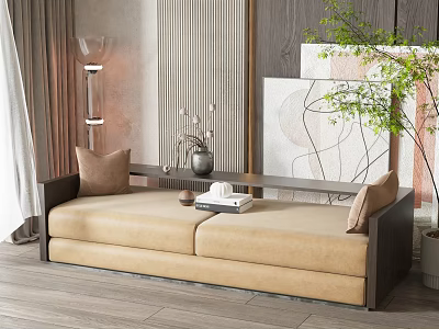 Modern Beige Two-Seater Sofa In Interior With Decorative Painting Green Plant And Floor Lamp 3d model