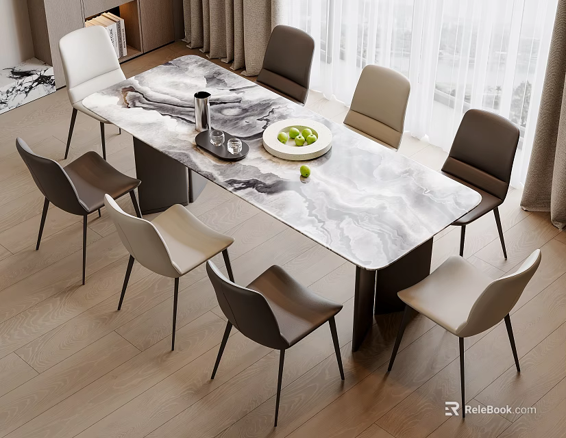 Modern Dining Table Set With Marble Top Six Leather Chairs And Fruit Bowl Decor 3d model 