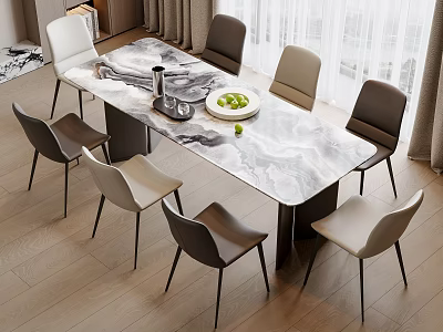 Modern Dining Table Set With Marble Top Six Leather Chairs And Fruit Bowl Decor 3d model