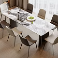 Modern Dining Table Set With Marble Top Six Leather Chairs And Fruit Bowl Decor