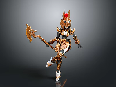 Humanoid Figure In Golden Armor With Black Details And Red Decorated Helmet Holding Axe 3d model