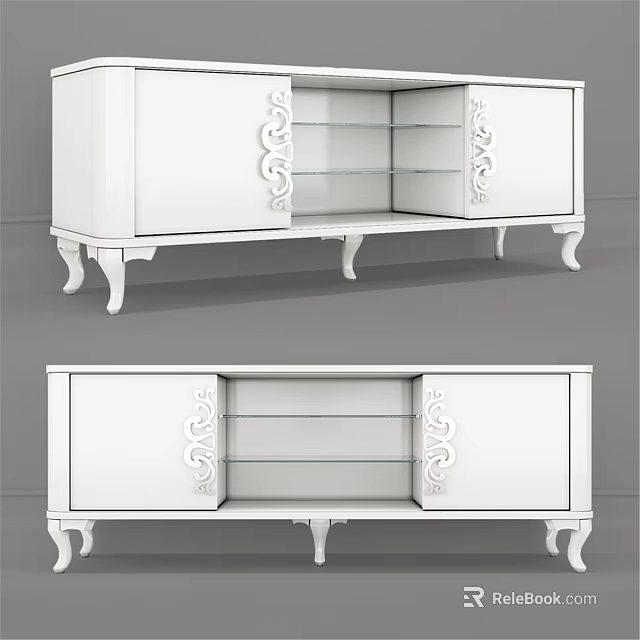 Elegant White Sideboard With Ornate Carvings Glass Shelves And Cabriole Legs 3d model 