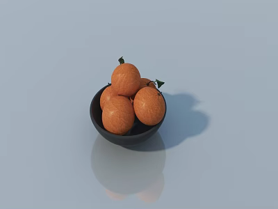 Fresh Oranges in Black Bowl With Green Leaves on Light Blue Background and Reflection 3d model