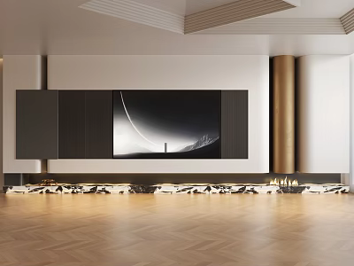 Modern Interior Design With Dark Wooden TV Wall Herringbone Floor And Golden Pillar 3d model