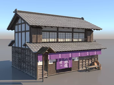 Traditional Japanese Wooden Building With Tile Roof Lattice Windows And Purple Curtains 3d model