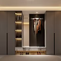 Modern Entryway Design With Dark Wood Cabinets Hanging Area Shoe Storage And Recessed Lighting Rug