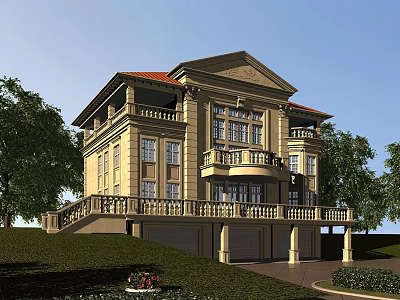 European Style Detached Villa With Red Roof Beige Exterior Balcony Columns Green Trees And Lawn 3d model