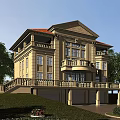 European Style Detached Villa With Red Roof Beige Exterior Balcony Columns Green Trees And Lawn