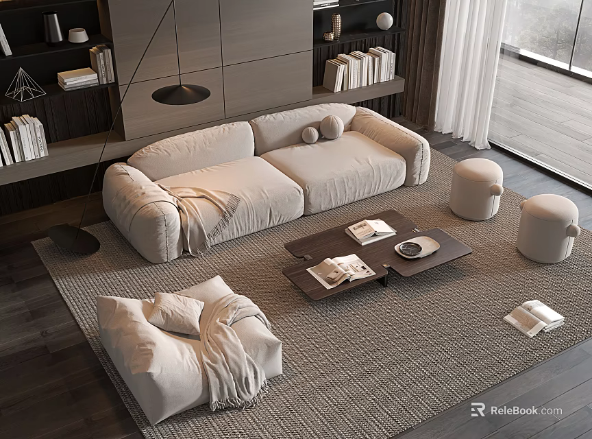 Modern Beige Sofa And Coffee Table Set With Textured Rug Round Stools And Plush Pillows 3d model 