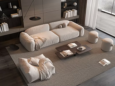 Modern Beige Sofa And Coffee Table Set With Textured Rug Round Stools And Plush Pillows 3d model
