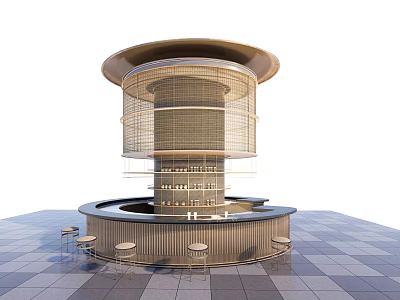 Modern Circular Bar Featuring Wooden Rattan Overhead Design And Surrounding Bar Stools On Tiled Floor 3d model
