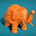 Orange Elephant Sculpture With Intricate Carved Patterns On Blue Background