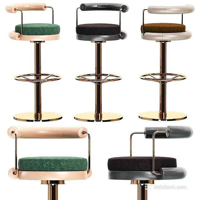 Modern Bar Stools With Velvet Upholstered Seats And Gold Metal Bases In Green Black Brown 3d model 