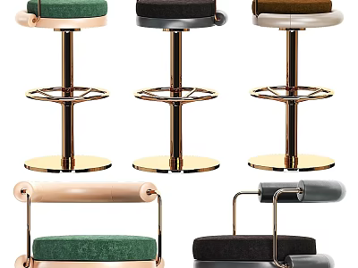 Modern Bar Stools With Velvet Upholstered Seats And Gold Metal Bases In Green Black Brown 3d model