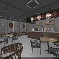 Modern Cafe Interior Design With Wooden Tables Wicker Chairs Hanging Decorations And Warm Lighting
