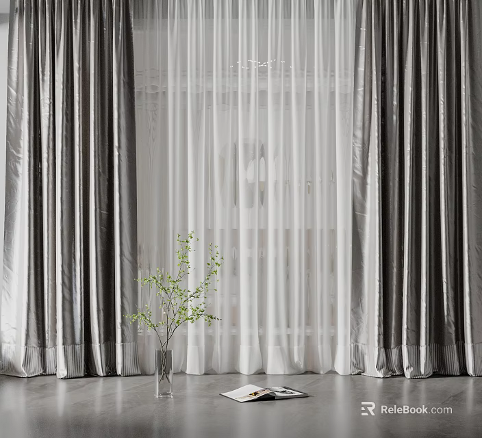 Gray Thick Curtains With White Sheer Panels For Window Interior Decor 3d model
