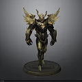 Detailed Dark Armor Statue With Golden Wings And Horns On Round Base