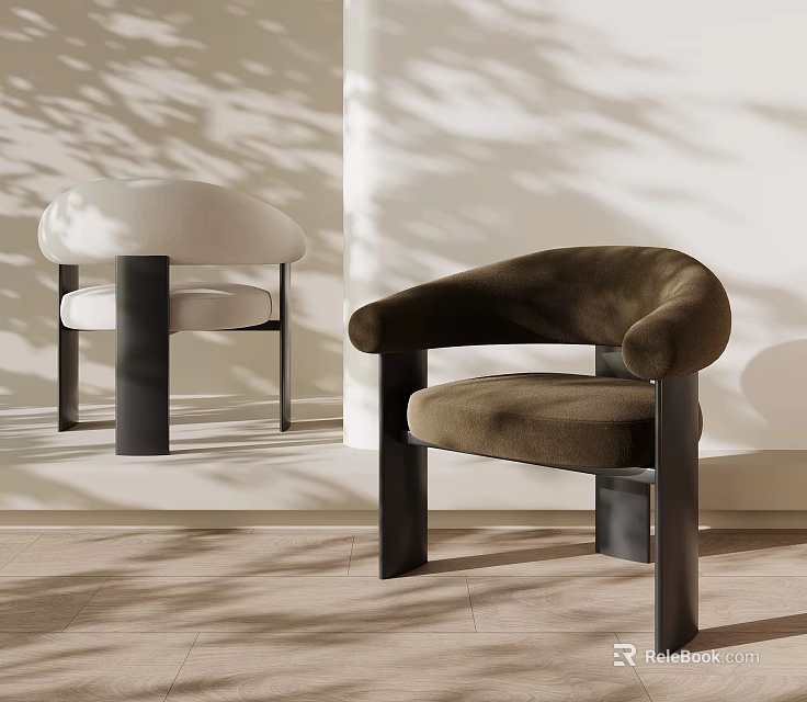 Elegant Modern Dining Chairs Featuring White And Brown Velvet Upholstery Black Metal Legs 3d model 
