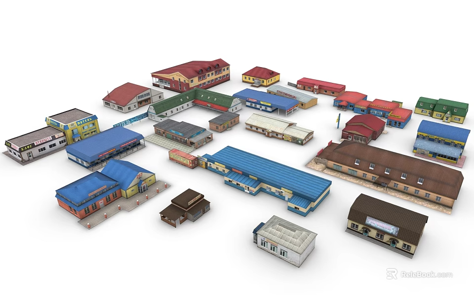 Commercial Complex Architectural Model Featuring Various Colored Styled Buildings with Diverse Structures and Layout 3d model