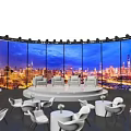 Modern Event Space With Round Stage Large Screen City Night View And White Seating