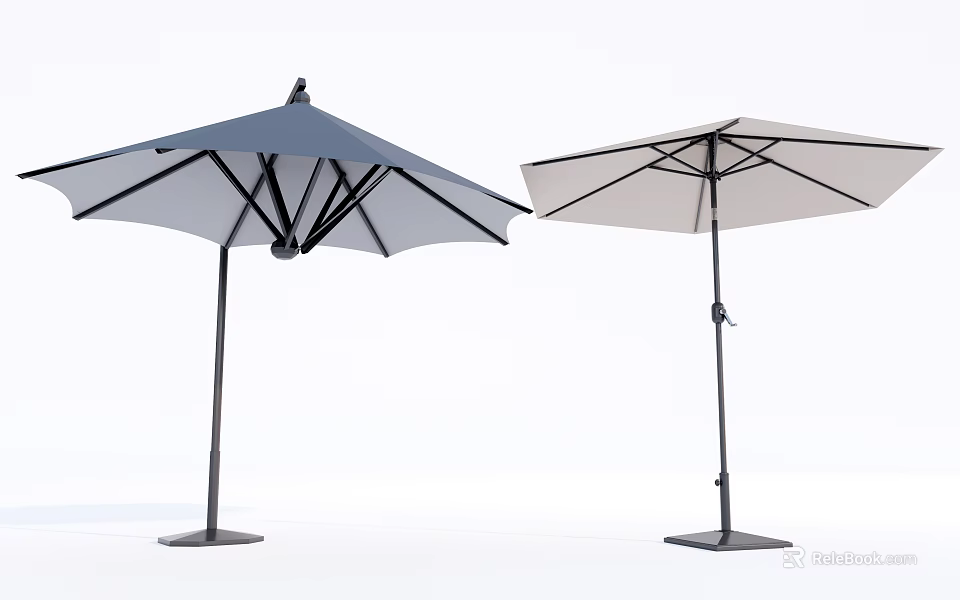 Outdoor Garden Sunshade Umbrellas With Blue Gray And Beige Canopies Black Frames And Bases 3d model 