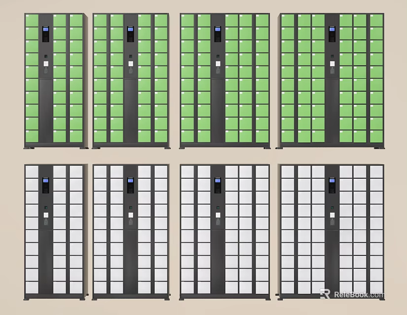 Green and Gray Storage Lockers with Small Compartments in Multiple Rows and Digital Locks 3d model