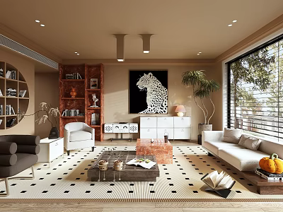 Modern Living Room Interior With Leopard Print Painting Bookshelves Sofa Coffee Table Rug And Plant 3d model