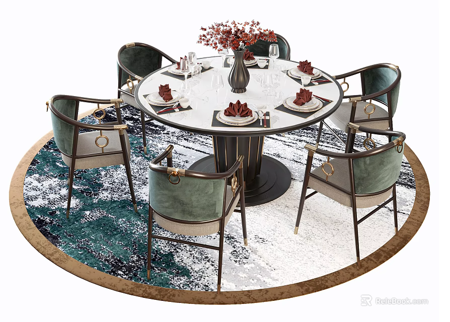 Round Dining Table Set with Six Chairs Blue White Rug and Flower Vase 3d model 