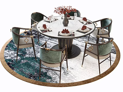 Round Dining Table Set with Six Chairs Blue White Rug and Flower Vase 3d model