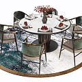 Round Dining Table Set with Six Chairs Blue White Rug and Flower Vase