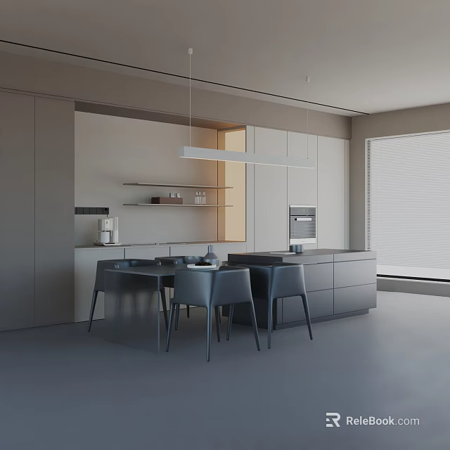 Modern Gray Dining Table Set with Chairs Cabinets Pendant Light and Built in Appliances 3d model 