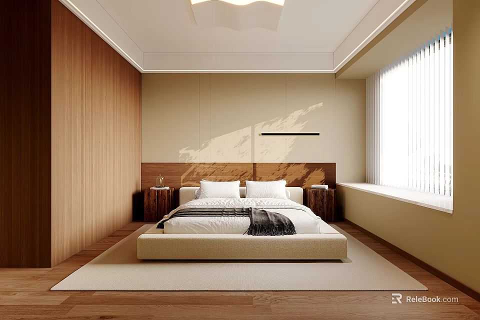 Modern Bedroom Interior With Wooden Walls Large Bed Nightstands Wooden Flooring And Blinds 3d model 