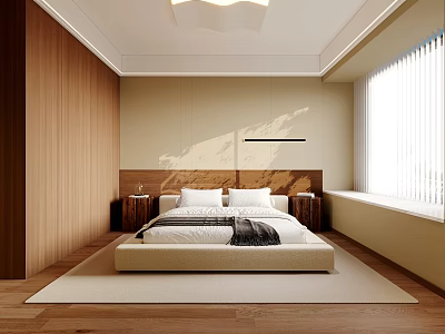 Modern Bedroom Interior With Wooden Walls Large Bed Nightstands Wooden Flooring And Blinds 3d model