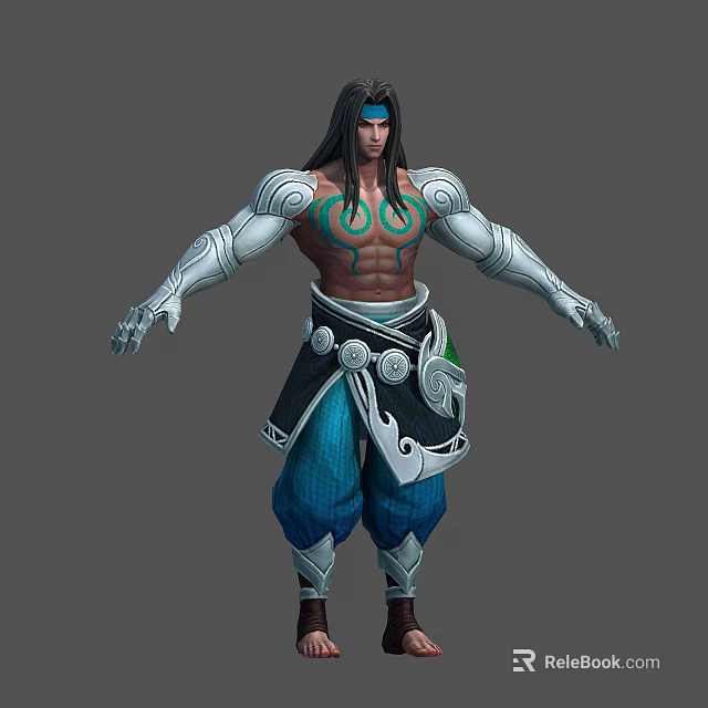 3D Fantasy Warrior Character With Long Hair Blue Headband Silver Armor And Green Chest Markings 3d model 