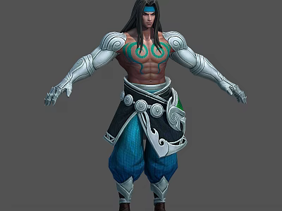3D Fantasy Warrior Character With Long Hair Blue Headband Silver Armor And Green Chest Markings 3d model
