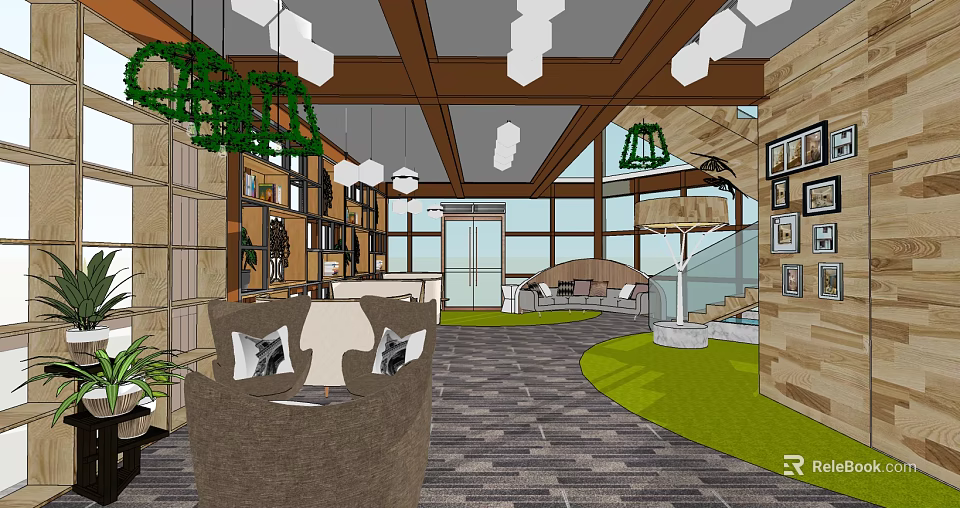 Modern Cozy Lounge Area Featuring Wooden Beams Green Plants Large Windows And Sofas 3d model 
