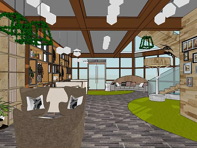 Modern Cozy Lounge Area Featuring Wooden Beams Green Plants Large Windows And Sofas 3d model