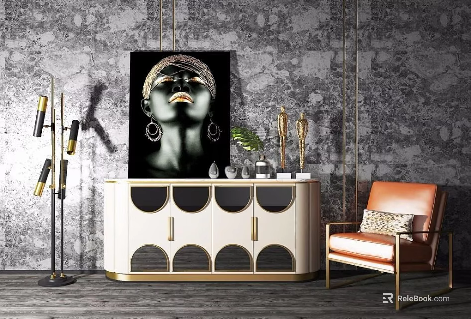 Elegant Modern Console Cabinet With Gold Accents Decorative Items And Gray Textured Wall 3d model 