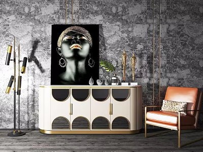 Elegant Modern Console Cabinet With Gold Accents Decorative Items And Gray Textured Wall 3d model