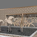 Decorative Feature Wall With Patterned Surface And Crane Sculptures On Tiled Floor 3d model
