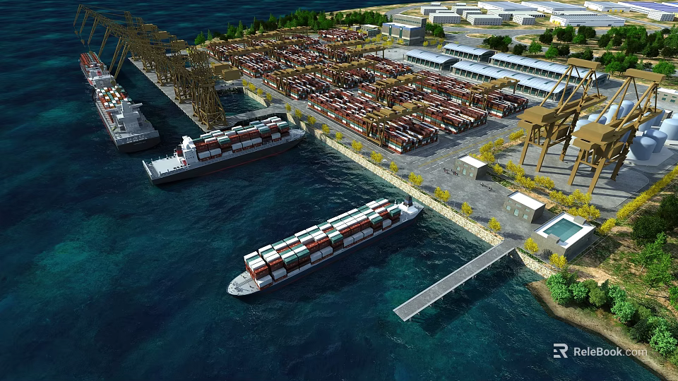 Busy Maritime Port Scenery With Container Ships Cranes And Blue Water 3d model 