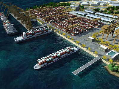 Busy Maritime Port Scenery With Container Ships Cranes And Blue Water 3d model