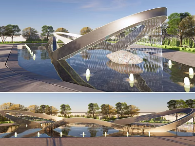 Curved Metal Landscape Sculpture with Illuminated Water Feature and Park Greenery 3d model
