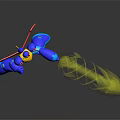 Blue Robot Character With Red Wings Yellow Horns Holding Transparent Container With Glowing Biological Substance